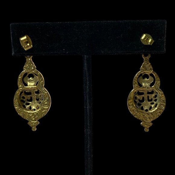 Gold-Tone Filigree Dangle Earrings With Ornate Design & Fleur De Lis Accents - Picture 4 of 10